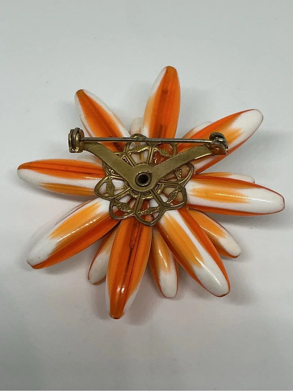 Vintage Orange & White Acrylic Dagger Bead Flower Brooch, Layered Starburst